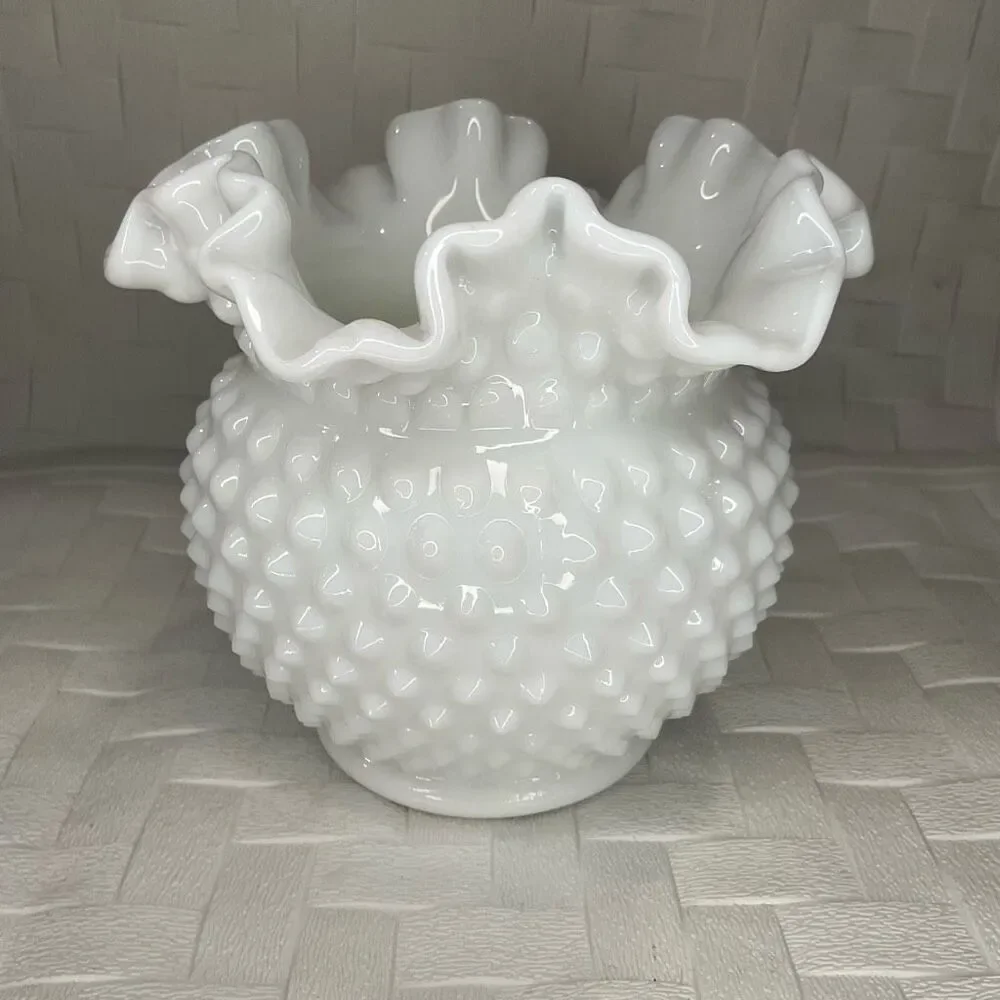 Vintage Milk Glass‎ Cupped Vase Double Crimped Fenton Art Glass Hobnail Shape *